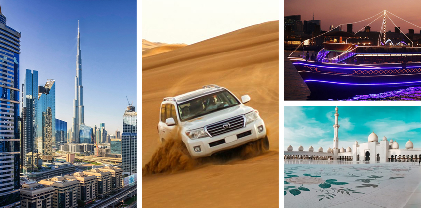 Dubai City Tour + Desert Safari + Marina Cruise Dinner + Abu Dhabi City Tour